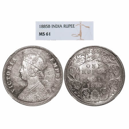 Victoria Empress, Silver, Rupee, 1885, Bombay Mint, A3/I, 'B' raised. GK 503. NGC Slabbed 