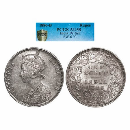 Victoria Empress, Silver, Rupee, 1886, Bombay Mint, C2/I(i), 'B' incused. GK 525. PCGS Sla