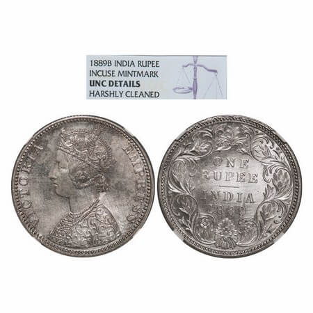 Victoria Empress, Silver, Rupee, 1889, Bombay Mint, C2/I, 'B' incused. GK 564. NGC Slabbed