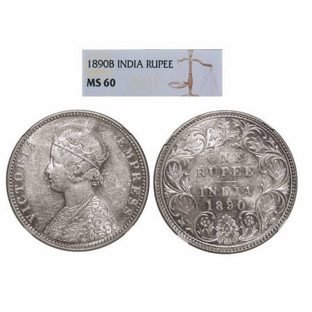 Victoria Empress, Silver, Rupee, 1890, Bombay Mint, C2/I, 'B' incused. GK 566. NGC Slabbed