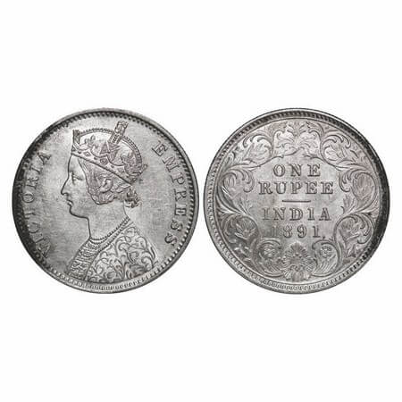 Victoria Empress, Silver, Rupee, 1891, Calcutta Mint, C3/I(i), 'C' incused. GK 570. Uncirc