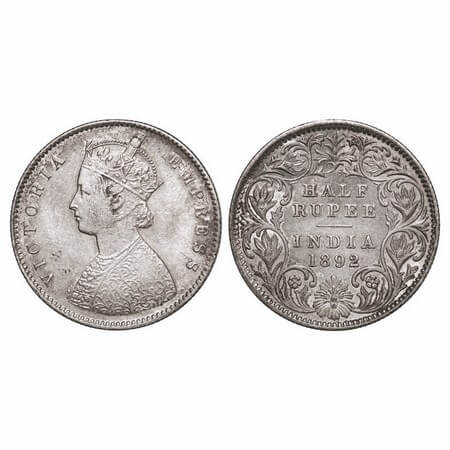 Victoria Empress, Silver, Half Rupee, 1892, Calcutta Mint, A/I, 'C' incused. GK 647. Very