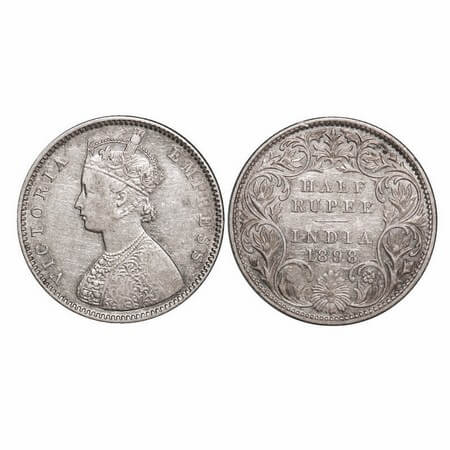 Victoria Empress, Silver, Half Rupee, 1898, Bombay Mint, A/I, 'B' incused, B incused inver