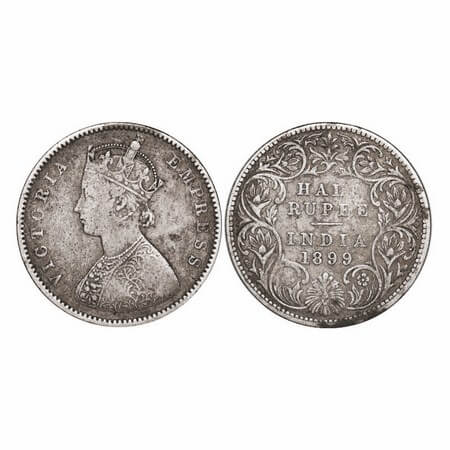 Victoria Empress, Silver, Half Rupee, 1899, Bombay Mint, A/I, 'B' incused, B incused inver
