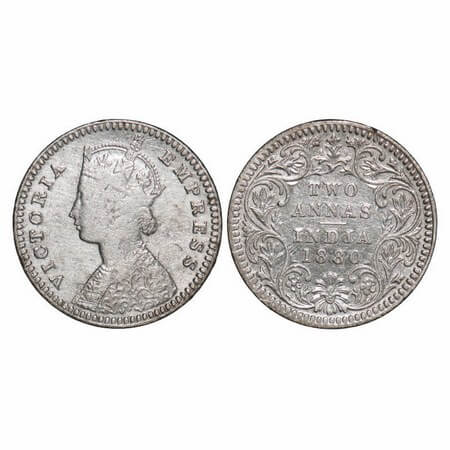Victoria Empress, Silver, 2 Annas, 1880, Calcutta Mint, B/II, 'C' incused. GK 754. Fine+. 