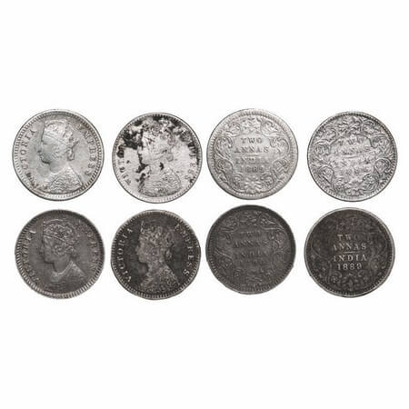 Victoria Empress, Silver, 2 Annas, (4 coins), Bombay Mint, 1) 1882, B/II, Dot, 2) 1884, A/