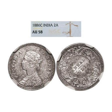 Victoria Empress, Silver, 2 Annas, 1886, Calcutta Mint, B/II, 'C' incused, Ghost on Rev, D