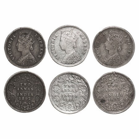 Victoria Empress, Silver, 2 Annas, (3 coins), 1891, 1892, 1897, Bombay Mint, B/II, 'B' inc
