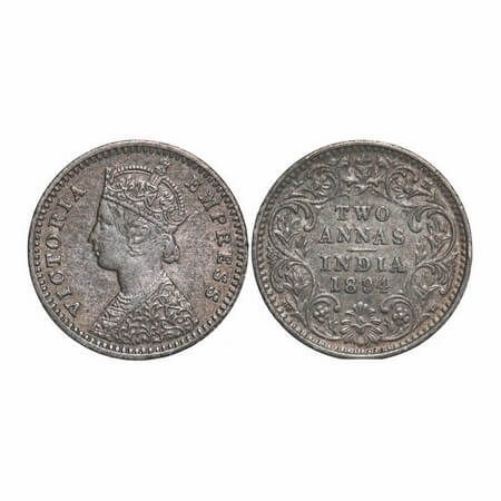 Victoria Empress, Silver, 2 Annas, 1894, Calcutta Mint, B/II, 'C' incused. GK 802. Extreme