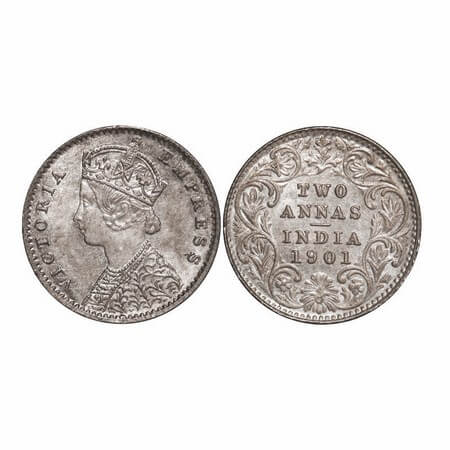 Victoria Empress, Silver, 2 Annas, 1901, Calcutta Mint, B/II, 'C' incused. GK 817. Uncircu