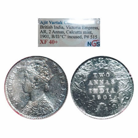 Victoria Empress, Silver, 2 Annas, 1901, Calcutta Mint, B/II, 'C' incused. GK 817. NGS Sla