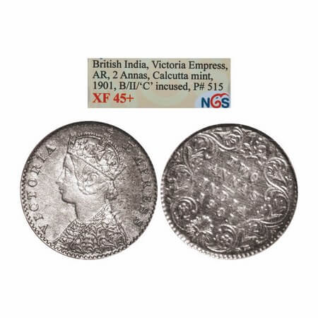 Victoria Empress, Silver, 2 Annas, 1901, Calcutta Mint, B/II, 'C' incused, 1 o'clock die r
