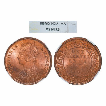 Victoria Empress, Copper, Quarter Anna, 1889, Calcutta Mint, B/II, No mint mark. GK 848. N