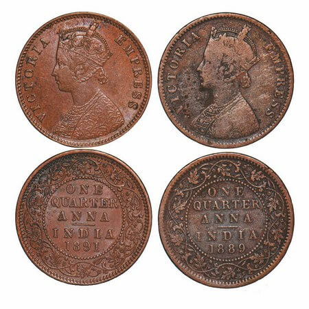 Victoria Empress, Copper, Quarter Anna, (2 coins), 1889, 1891, Calcutta Mint, B/II, No min