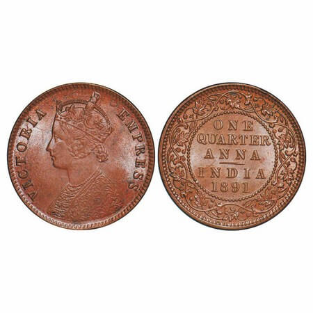 Victoria Empress, Copper, Quarter Anna, 1891, Calcutta Mint, B/II, No mint mark. GK 850. B