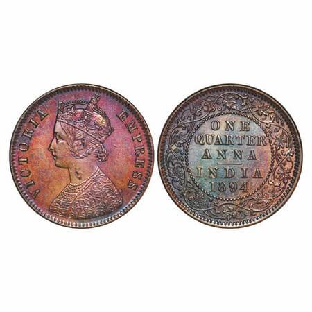 Victoria Empress, Copper, Quarter Anna, 1894, Calcutta Mint, B/II, No mint mark, Planchet