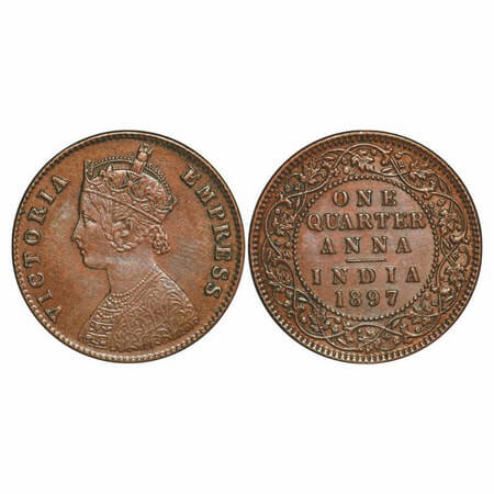 Victoria Empress, Copper, Quarter Anna, 1897, Calcutta Mint, B/II, No mint mark. GK 856. E