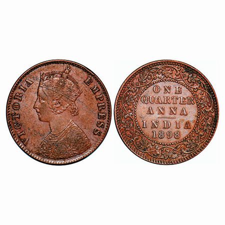 Victoria Empress, Copper, Quarter Anna, 1898, Calcutta Mint, B/II, No mint mark, Nick on t