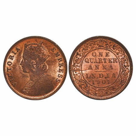Victoria Empress, Copper, Quarter Anna, 1901, Calcutta Mint, B/II, No mint mark, Big die c
