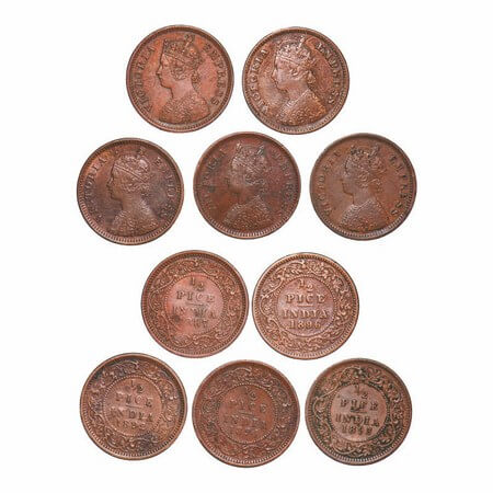 Victoria Empress, Copper, 1/2 Pice, (Lot of 5 coins), 1887, 1892, 1893, 1894, 1896, Calcut