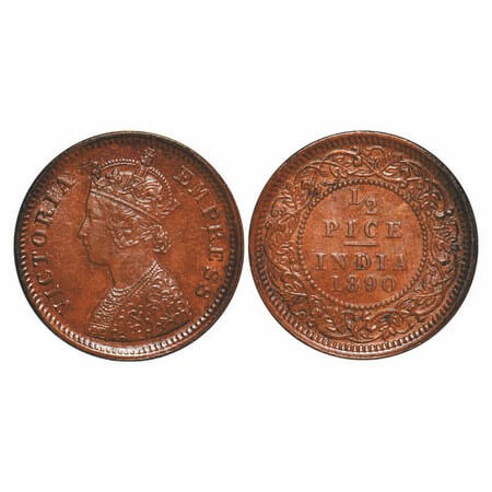 Victoria Empress, Copper, 1/2 Pice, 1890, Calcutta Mint, A/I, No mint mark, Second lowest