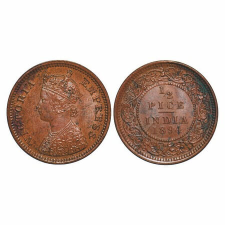 Victoria Empress, Copper, 1/2 Pice, 1894, Calcutta Mint, A/I, No mint mark, Ghost on Rev, 