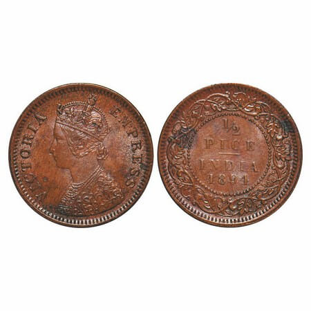 Victoria Empress, Copper, 1/2 Pice, 1894, Calcutta Mint, A/I, No mint mark. GK 874. Almost