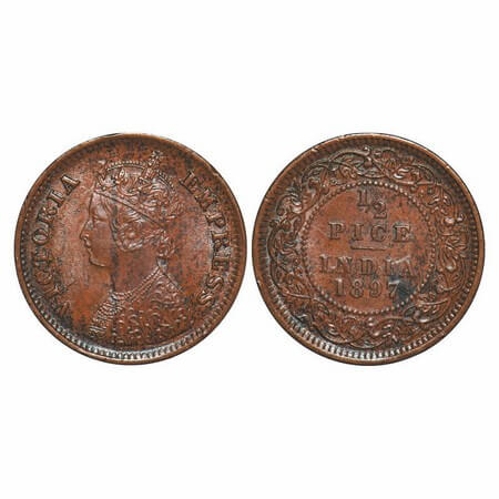 Victoria Empress, Copper, 1/2 Pice, 1897, Calcutta Mint, A/I, No mint mark, Ghost o Rev, D