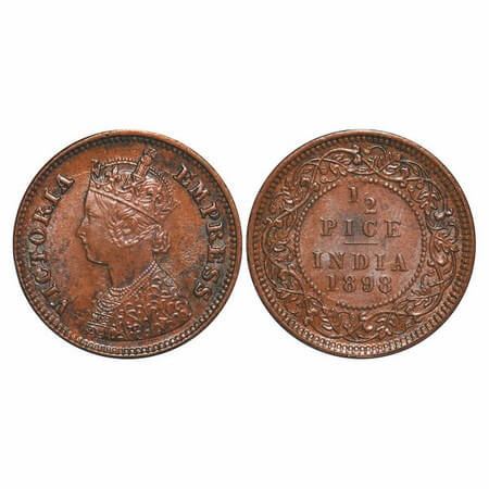 Victoria Empress, Copper, 1/2 Pice, 1898, Calcutta Mint, A/I, No mint mark, Die crack on O