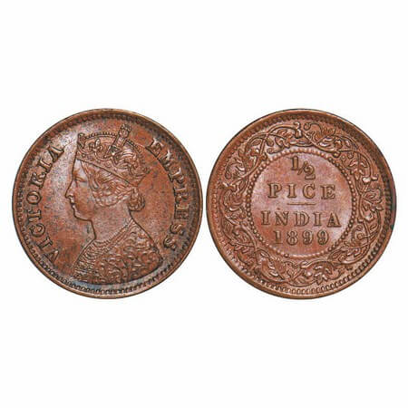Victoria Empress, Copper, 1/2 Pice, 1899, Calcutta Mint, A/I, No mint mark, Die crack on O