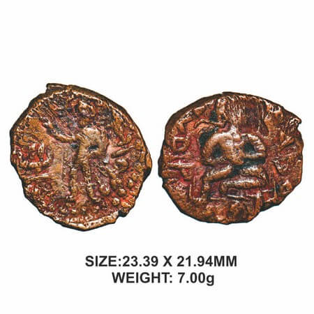 Kushanas, Huvishka, Copper Drachma, 7.00g, Obv: King seated facing left, both hand folded,