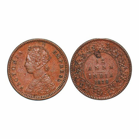 Victoria Empress, Copper, 1/12 Anna, 1878, Calcutta Mint, Obv B, No mint mark. GK 891. Ext