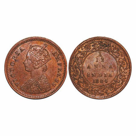 Victoria Empress, Copper, 1/12 Anna, 1884, Bombay Mint, Obv A, No mint mark. GK 898. Almos