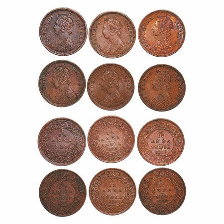 Victoria Empress, Copper, 1/12 Anna, (Lot of 6 coins), 1) 1886, Calcutta Mint, Obv B, 'C' 