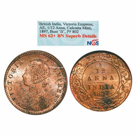 Victoria Empress, Copper, 1/12 Anna, 1897, Calcutta Mint, Obv B, No mint mark. GK 918. NGS