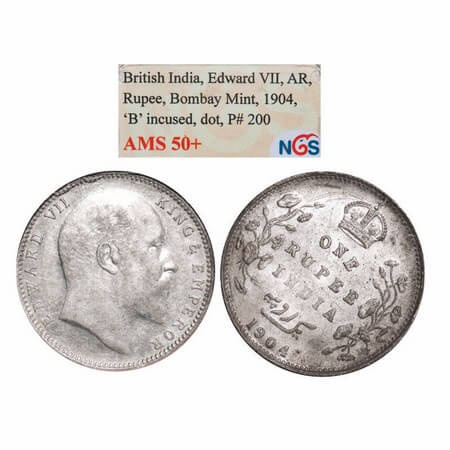 Edward VII, Silver, Rupee, 1904, Bombay Mint, 'B' incused, Dot, 5 Diamonds and bottom stro
