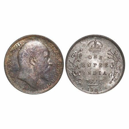 Edward VII, Silver, Rupee, 1904, Bombay Mint, 'B' incused, Dot, 5 Diamonds and bottom stro