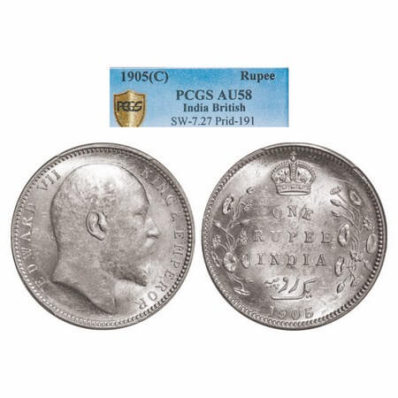 Edward VII, Silver, Rupee, 1905, Calcutta Mint, No mint mark. GK 934. PCGS Slabbed AU 58. 