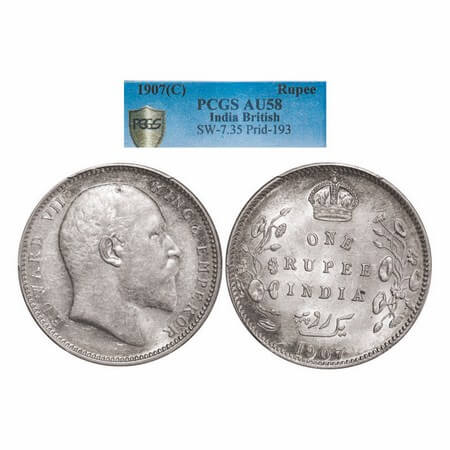 Edward VII, Silver, Rupee, 1907, Calcutta mint, No mint mark. GK 942. PCGS Slabbed AU 58. 