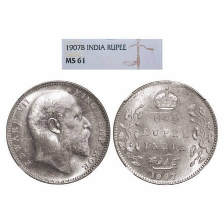 Edward VII, Silver, Rupee, 1907, Bombay Mint, 'B' incused, Dot, Narrow numeral 7. GK 944. 