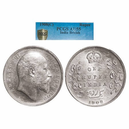 Edward VII, Silver, Rupee, 1908, Calcutta mint, No mint mark. GK 946. PCGS Slabbed AU 55. 