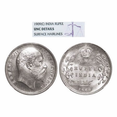 Edward VII, Silver, Rupee, 1909, Calcutta Mint, No mint mark. GK 950. NGC Slabbed UNC. Ver