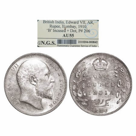 Edward VII, Silver, Rupee, 1910, Bombay Mint, 'B' incused, Dot, More spacing between the y