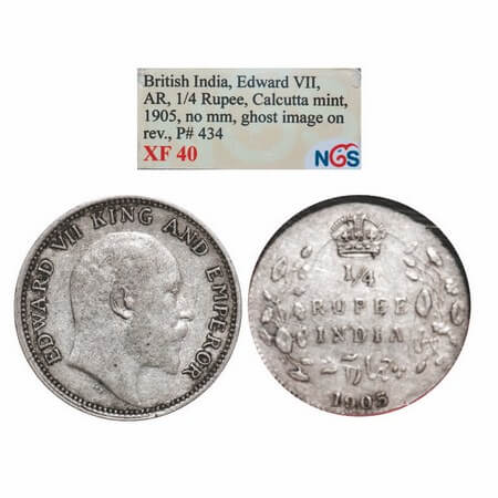 Edward VII, Silver, 1/4 Rupee, 1905, Calcutta Mint, No mint mark, Ghost image on Rev menti