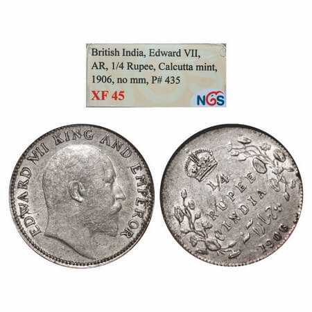 Edward VII, Silver, 1/4 Rupee, 1906, Calcutta Mint, No mint mark, 11 o'clock die rotation 