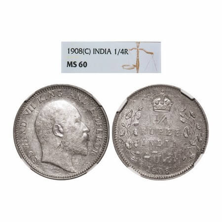 Edward VII, Silver, 1/4 Rupee, 1908, Calcutta Mint, No mint mark. GK 97. NGC Slabbed MS 60