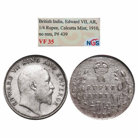 Edward VII, Silver, 1/4 Rupee, 1910, Calcutta Mint, No mint mark. GK 978. NGS Slabbed VF 3