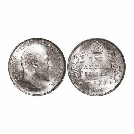 Edward VII, Silver, 2 Annas, 1906, Calcutta Mint, No mint mark. GK 983. Mint grade. Rare.