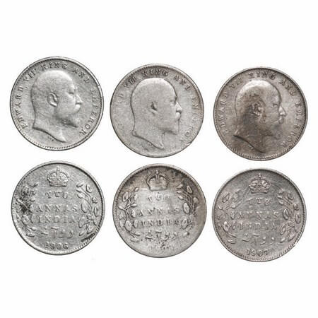 Edward VII, Silver, 2 Annas, (3 coins), 1906, 1907, 1908, Calcutta Mint, No mint mark. GK 