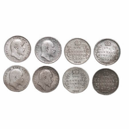 Edward VII, Silver, 2 Annas, (lot of 4 coins), 1906, 1907, 1908 (2), Calcutta Mint, No min